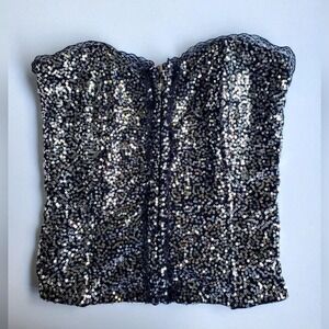 Vintage Y2K black silver sequin top Oh Yes corset zip up bustier Festival‎ Small